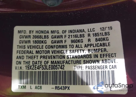2020 Honda Insight Ex from USA, damaged, VIN 19XZE4F53LE005742